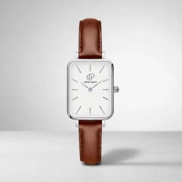 Imagem de Relógio Feminino Quadrado prata couro Marrom Silver minimalista New Po