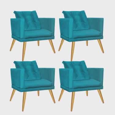 Imagem de Kit 04 Poltrona Cadeira Kim Luxo Confort Com almofada Solta Pé Caramelo Suede Azul Turquesa - Ahazzo Móveis