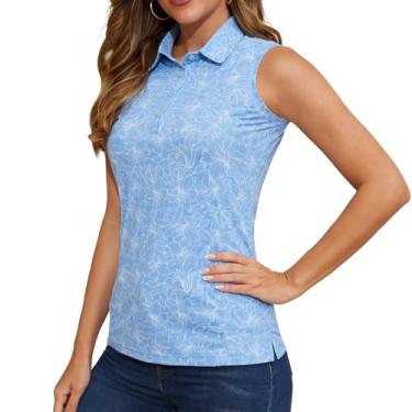 Imagem de Casei Camisetas polo femininas de golfe sem mangas FPS 50+ secagem rápida com gola regata atlética, Flores azuis, XXG