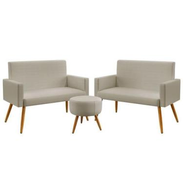 Imagem de Kit 2 Poltronas Namoradeira Estofadas Nina e Puff Solar Couro Bege Ara