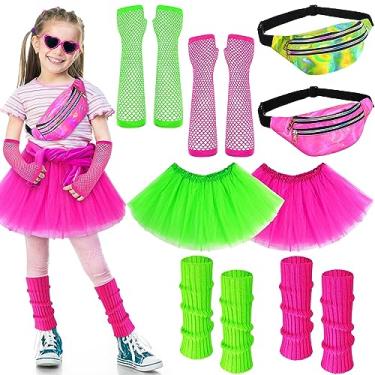 Imagem de Toulite Conjunto de 8 peças de acessórios para fantasia infantil dos anos 80 neon polainas polainas e saias tutu