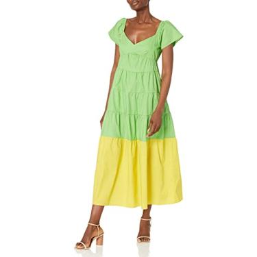 Imagem de Donna Morgan Vestido trapézio midi em camadas colorblock, Verde botão/amarelo, 40