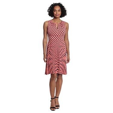 Imagem de London Times Vestido feminino sem mangas com decote fechado de bolinhas e saia plissada, Azul marinho/melão, 48