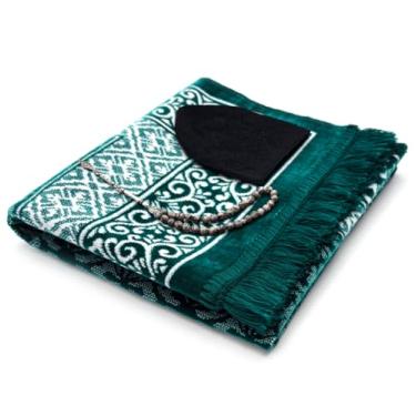Imagem de ESERRA Conjunto de tapete de oração tudo em um para o Islã - Tapete de oração muçulmano grosso, chapéu Kufi preto, pedra jaspe, 33 contas, estojo de viagem de algodão - presentes islâmicos (verde)