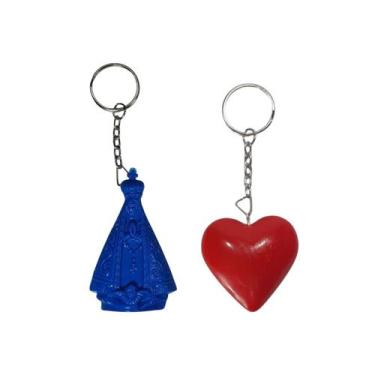 Imagem de Kit C/ 100 Chaveiros Religiosos 50 Nossa Senhora Azul + 50 Coração Ver