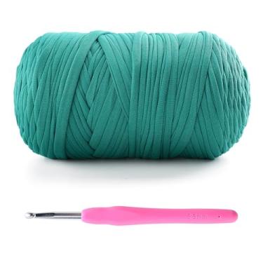 Imagem de Fio de camiseta para crochê - 400 g/130 m para sacos de crochê/cestas/decoração de casa - fio de camiseta de tecido elástico macio com 1 gancho de crochê (1, verde furo)