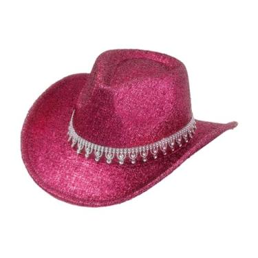 Imagem de Vaveren Chapéu de cowboy brilhante e largura chapéu de jazz para festas de cosplay em concertos festivos, Rosa Vermelho