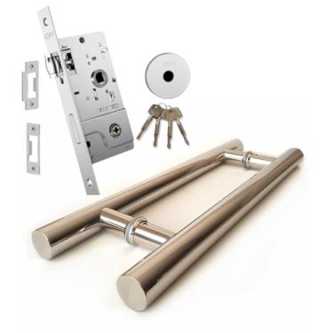 Imagem de Kit Puxador Inox Polido Tubular Redondo 45cm Porta Madeira + Fechadura Completa Stam Rolete Tetra Pivotante Roseta Redonda