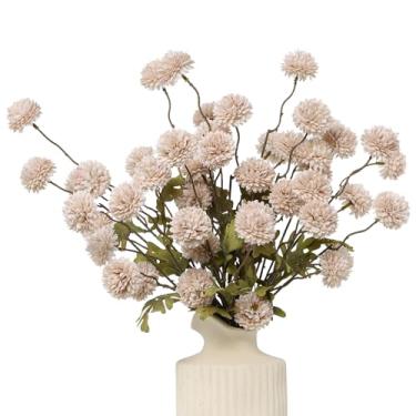 Imagem de DuHouse 6 peças de flores artificiais de seda sintética, mini bola de crisântemo de seda pequena com hastes para casamento, arranjos de champanhe, buquês, centros de mesa, decorações de casa (bege)