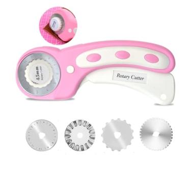 Imagem de Cortador rotativo para tecido, pacote com 5 cortadores rotativos de 45 mm com 4 peças de lâminas extras, cortador ergonômico com trava de segurança para tecido, couro, artesanato, costura, acolchoado
