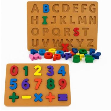 Imagem de Kit 2 Brinquedos Educativo Tabuleiro Letras e Numeros 43 Peças Brinquedo Didático Encaixe Madeira Premium