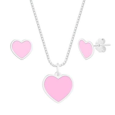 Imagem de Conjunto de Prata Resinado Coração Rosa - Sal do Mar