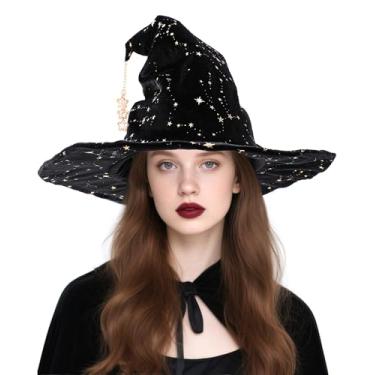 Imagem de RENEMEGO Chapéu de bruxa de Halloween feminino - chapéus de bruxa com padrão de estrela e pingentes, baile de máscaras renascentistas, acessórios, Preto, 58cm inner circumference