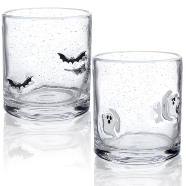 Imagem de Mimorou 2 peças de copos de suco de ícone de Halloween 396 g com tema de morcego fantasma para festas, copos reutilizáveis duplos assustadores fofos à moda antiga para decoração de bar em casa