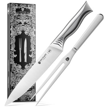 Imagem de BRODARK Conjunto de facas de escultura de peru - faca de corte de 20 cm e conjunto de garfo de 18 cm para carne, peito, churrasco - conjunto de entalhe de aço inoxidável de alto carbono - série Shark