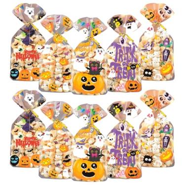Imagem de YIHUANYIFA 50 unidades de sacos de guloseimas reutilizáveis de celofane sacos de presente de biscoitos doces com fecho de gravata torcida para suprimentos de decoração de festa (Halloween 01-100 peças