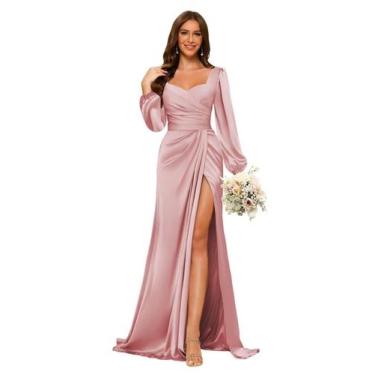 Imagem de Vestido de dama de honra Dessiny Dusty, rosa, cetim, decote em V, sere