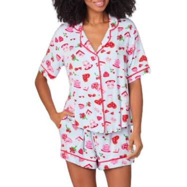 Imagem de Pijama Yiulangde Silk Heart para mulheres, cetim, 2 peças, rosa