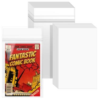 Imagem de VOKOY 25 conjuntos de bolsas e quadros de quadrinhos de tamanho atual resseláveis, capas de quadrinhos autovedantes cristalinas com papelão branco, armazenamento de revistas em quadrinhos regulares