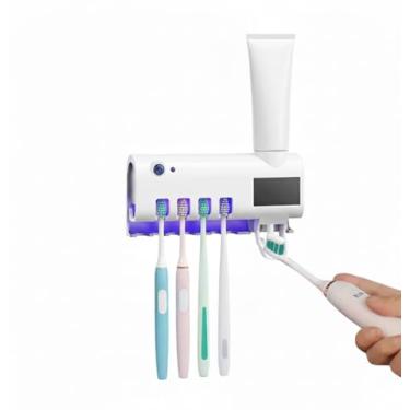 Imagem de Porta Escova de Dentes com Esterilizador UV, Dispenser Automático de Pasta, Suporte Parede 5 Escovas, Carregamento Solar e USB – Organização Banheiro, Higiênico e Antibacteriano