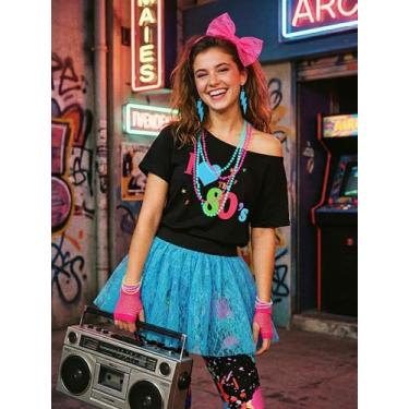 Imagem de Vabean Conjunto de 19 peças, fantasia dos anos 80, leggings, saia tutu, faixa de cabeça, colar, pulseiras, brincos, luvas, polainas femininas, Tutu azul, M