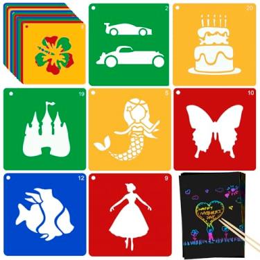 Imagem de 20 estênceis para crianças com 5 peças de papel para raspar, estênceis grandes de 20 x 20 cm lavável para artesanato divertido modelo de giz para meninos e meninas aprenderem a pintar