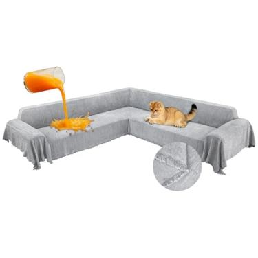 Imagem de ROFASVCO 1OO% capas de sofá seccionais de canto à prova d'água em forma de L com borla, macia, grossa, lavável, protetor de móveis para cães e animais de estimação (231 cm x 701 cm, cinza cinza)