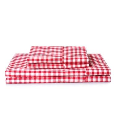 Imagem de Jogo de lençóis Queen Size xadrez de algodão com 3 peças, lençol de cama vermelho guingão 100% algodão luxuoso, respirável e refrescante, lençol queen size, bolsos profundos até 40,6 cm, lençóis