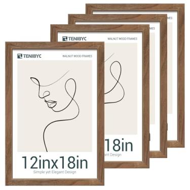 Imagem de TENIBYC Moldura de madeira de nogueira marrom 30,5 x 45,7 cm com vidro HD - pacote com 4, moldura para pôster de madeira natural, moldura de galeria de parede