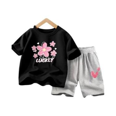 Imagem de Conjunto De Roupas De Verão Para Meninas Camiseta Com Flores E Shorts 
