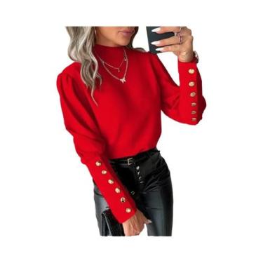 Imagem de Blusa Feminina De Manga Longa Em Cor Sólida Com Renda E Decote Redondo