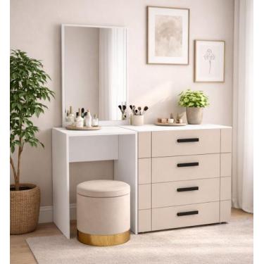 Imagem de Cômoda Penteadeira 4 Gavetas 150cm Lisboa Politorno Móveis, Branco/Cre