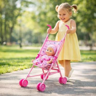 Imagem de Carrinho de Boneca Infantil Dobrável Rosa Brinquedo Passeio Menina Res