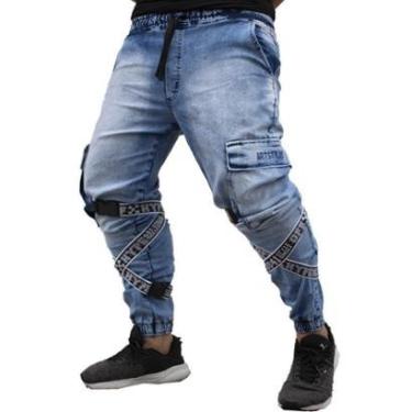 Imagem de Calça Jogger Masculina JEANS AZUL Com Fitas BRANCA-Masculino