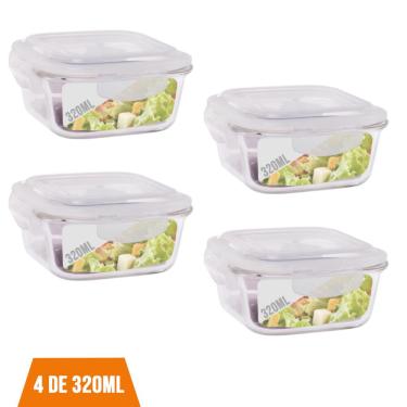 Imagem de 4 Potes Vidro Quadrado 320ml Tampa Hermética Pequeno Papinha