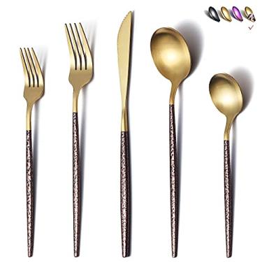 Imagem de Talheres de prata com 20 peças, alça de superfície lunar e talheres de cabeça dourada fosca, conjunto de talheres de aço inoxidável, utensílios, serviço para 4 pessoas