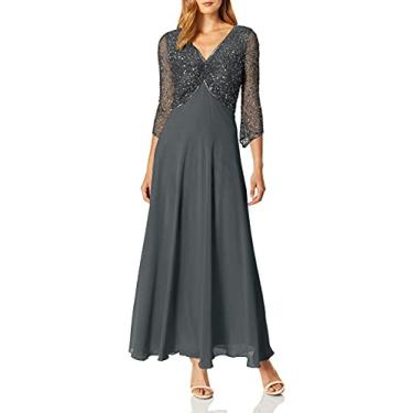 Imagem de J Kara Vestido longo feminino manga 3/4 gola V com contas, Cinza/Arma, 40