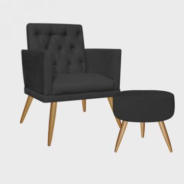 Imagem de Kit Poltrona e Puff Redondo Maria Capitonê Pé Palito Corino Preto - Ahz Móveis