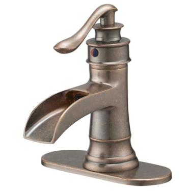 Imagem de BWE Torneira de banheiro de cobre pia de latão antigo lavatório lavatório lavatório de banheiro com alça única cachoeira rosa torneira misturadora de um furo alavanca suporte de deck comercial sem