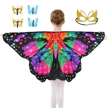 Imagem de Sunlisky Butterfly Costume for Girls Fairy Wings Kids 4 Pcs(Cape,Skirts,Masks,Hair Clips) Butterfly Wings for Halloween Gifts (Red+Green+Purple)