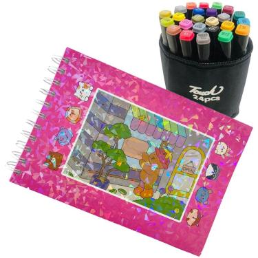 Imagem de Livrinho De colorir Capa Dura 100 Paginas Canetinhas 24 Cores Estojo Bolsa Portatil Livro Pintura Canetas