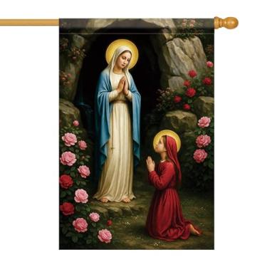 Imagem de Starlit Patio Bandeira da Casa Cristã 71 x 101 cm Aparição de Virgem Maria Bandeira de Jardim Dupla Face Nossa Senhora Rezando Menina Rosas Caverna Banner Jardim Exterior Ração Religiosa Casa Jardim