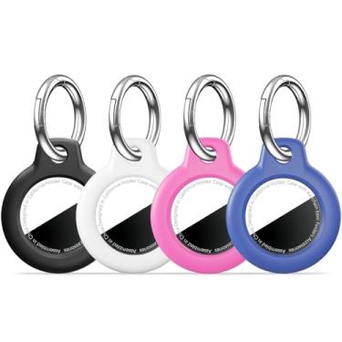 Imagem de Suporte de AirTag para AirTag, capa com chaveiro, antirriscos para AirTags, chaveiro para Apple para AirTags, acessórios para rastreador de itens GPS, pacote com 4, preto, branco, rosa, azul