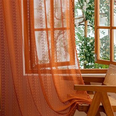 Imagem de Sutuo Home Cortinas transparentes Terracotta Boho 183 cm de comprimento para quarto de berçário, cortinas de renda laranja queimado boêmia privacidade crochê filtro de luz vintage borlas Halloween