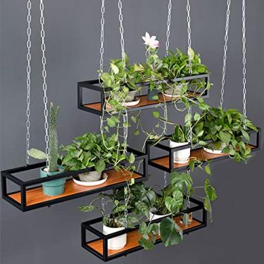 Imagem de Prateleira suspensa no teto, suporte de armazenamento, tábuas de madeira, suporte de exibição de metal com corrente de ferro, 4 garrafas de vinho, plantas, livros, decoração, organização, prateleiras