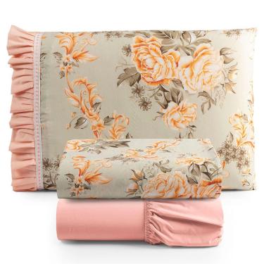 Imagem de Jogo Cama Lençol Fiore Solteiro Estampado 180 Fios 100% Algodão Com Babadinho 3 Peças Salmão Floral