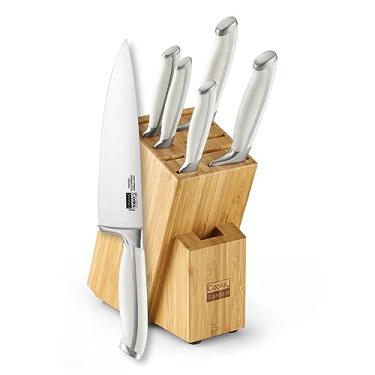 Imagem de Cooks Standard Conjunto de facas de cozinha com bloco de 6 peças, lâmina alemã de aço inoxidável forja de alto carbono com bloco de armazenamento de bambu expansível para compartimentos extras, branco