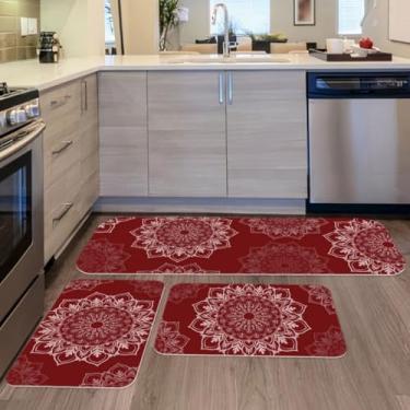 Imagem de Passadeira Cozinha, Kit 3 Tapetes para Cozinha Antiderrapante Mandala Vermelha, Elegante e Refinado(13)