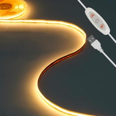Imagem de Timelux Faixa de luz LED USB de 5 V 2 m, fita de luzes COB LED, fitas de alto brilho, fita de luzes brancas quentes de 3000 K para TV, armário, cozinha, sala de estar e prateleiras