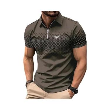 Imagem de Camisa Polo Masculina Xadrez Com Zíper, Casual, Manga Curta, Moda De P